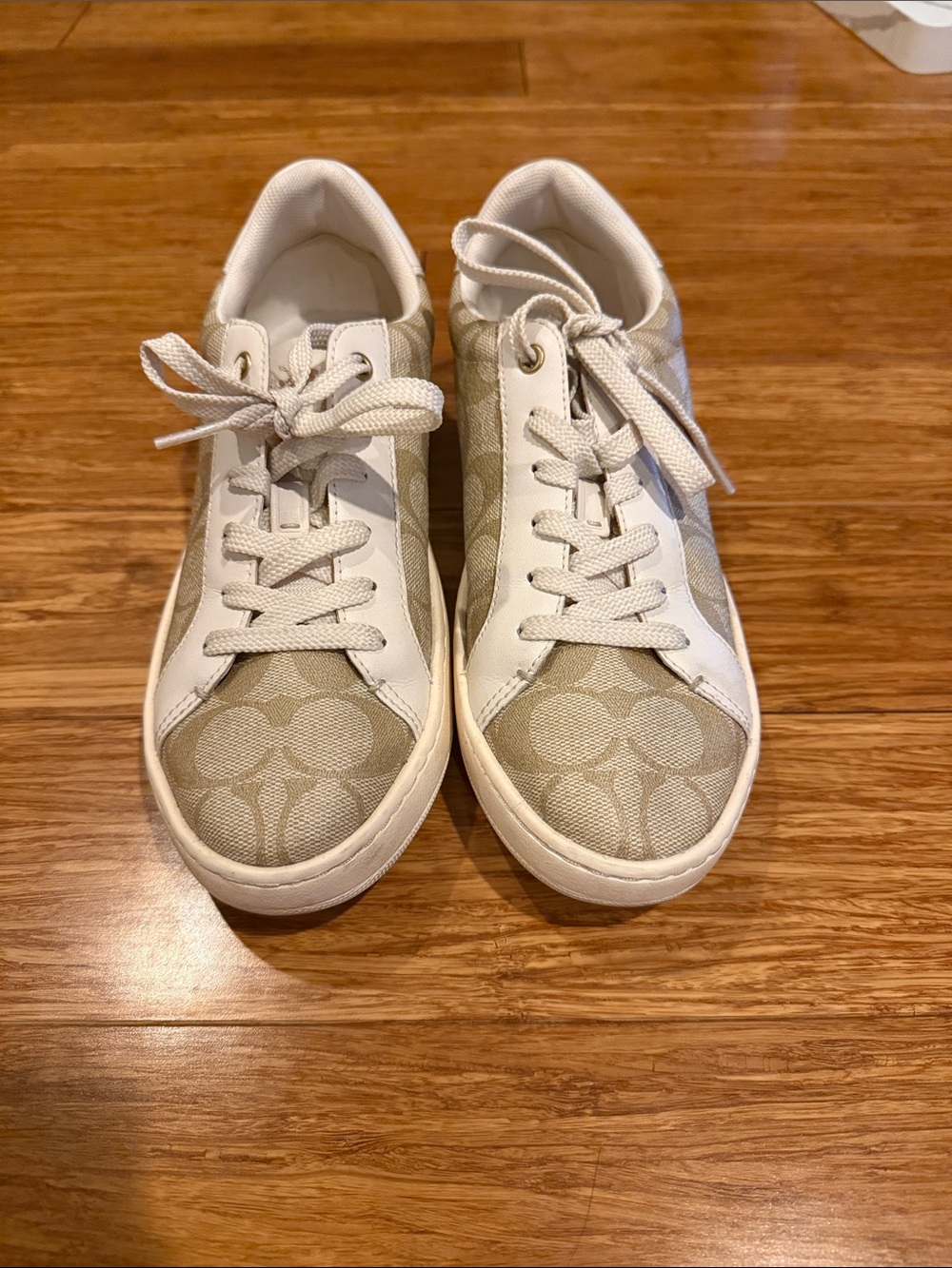 Coach Kids Neutral Signature Canvas Sneakers in Beige and White